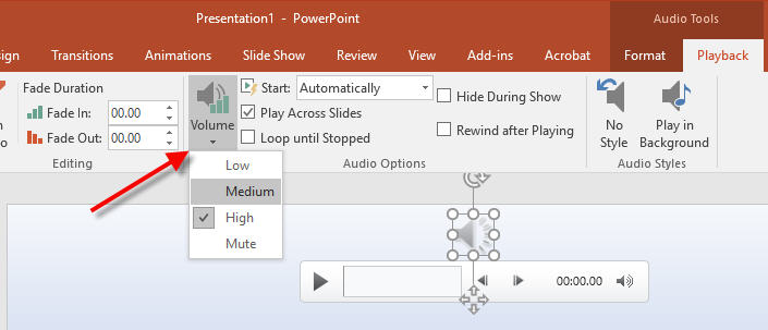 stop background music when movie comes up powerpoint for mac